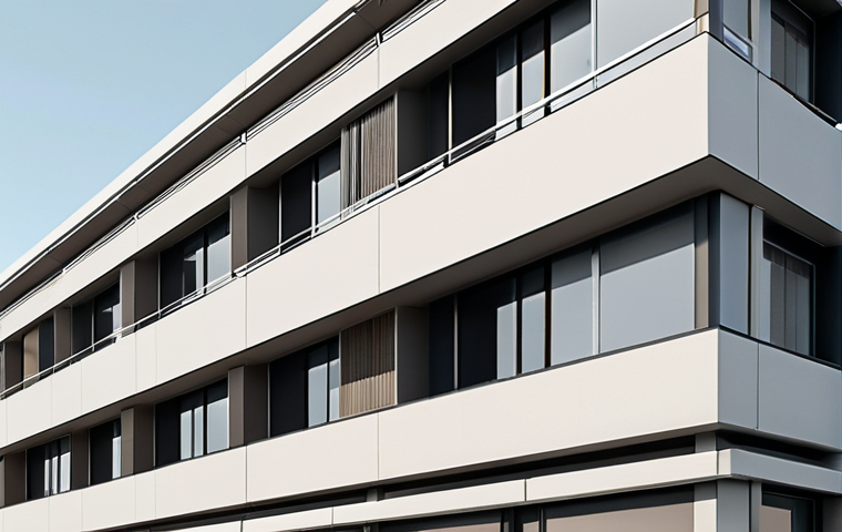 **A modern architectural building design, emphasizing clean lines, sharp angles, and flat planes. Use neutral colors and a minimalist approach.** (Focus: Architecture, lines, angles, planes)