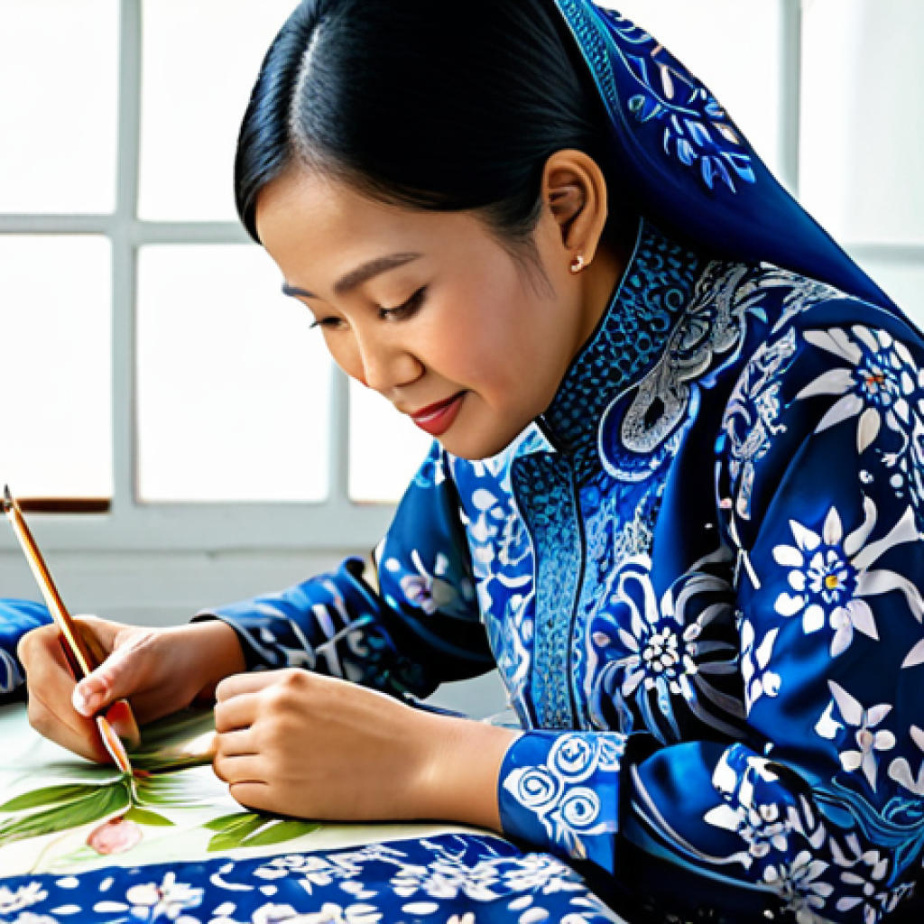 피보나치 수열과 황금비 - **
"A Malaysian batik artist, fully clothed in a modest baju kurung, meticulously painting intricat...