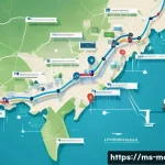 그래프 이론 기초 - A detailed digital illustration of a weighted directed graph representing a logistics network in Mal...