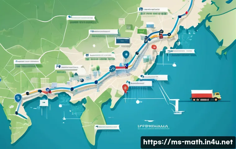 그래프 이론 기초 - A detailed digital illustration of a weighted directed graph representing a logistics network in Mal...