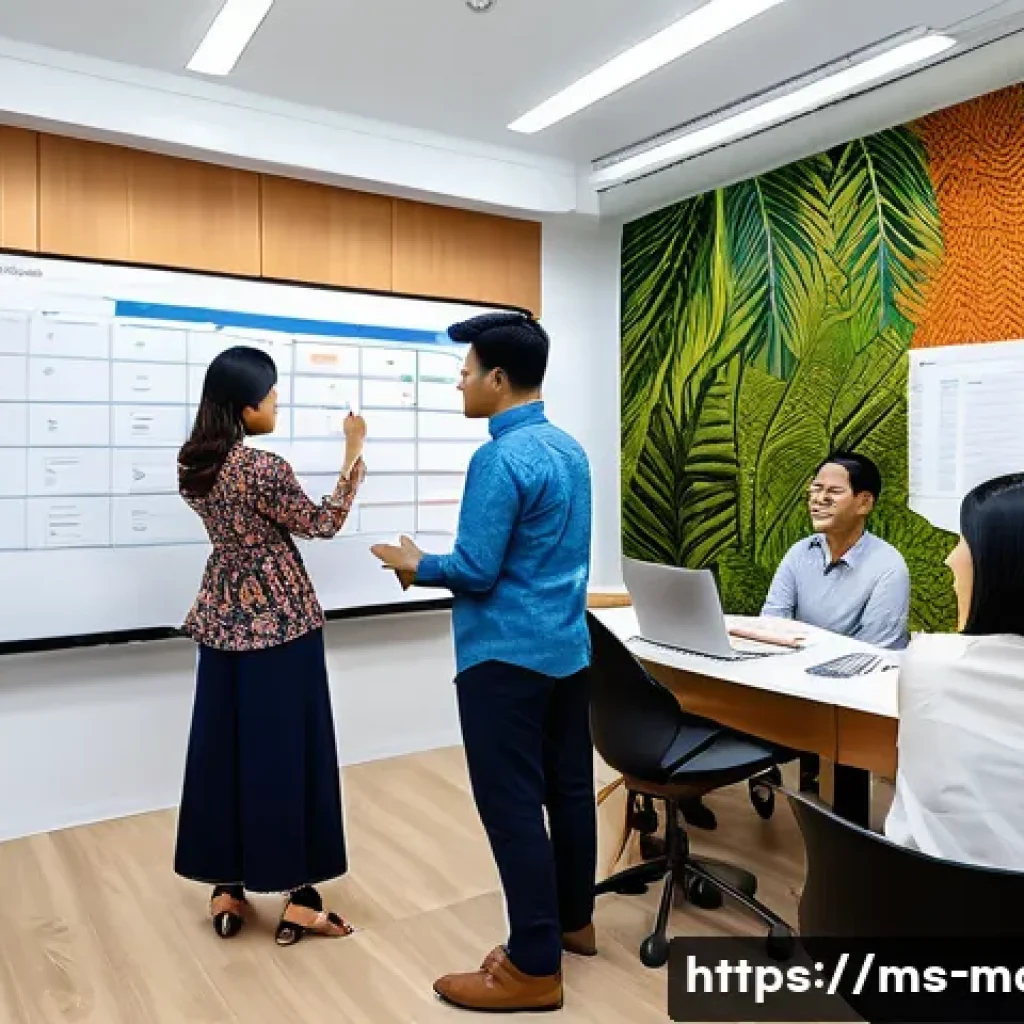 순열과 조합의 활용 - A vibrant Malaysian office scene showing a diverse group of professionals collaboratively arranging ...