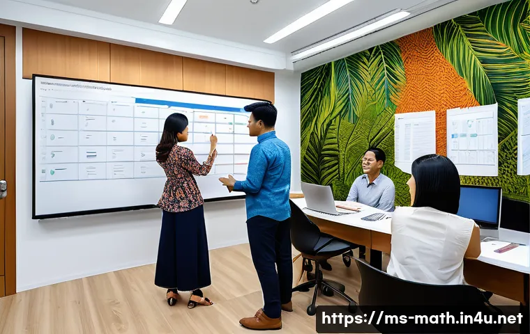 순열과 조합의 활용 - A vibrant Malaysian office scene showing a diverse group of professionals collaboratively arranging ...