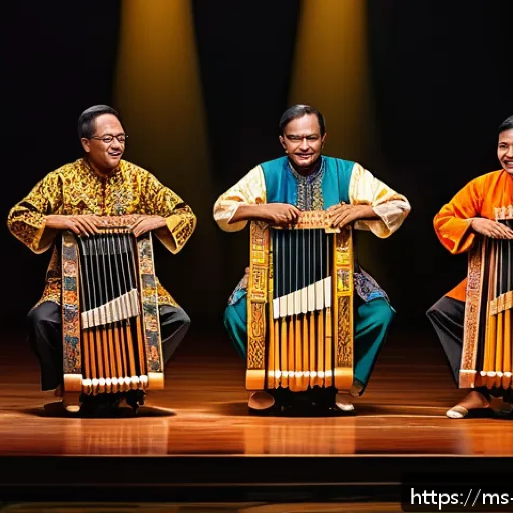 수학과 음악의 관계 - A traditional Malay music performance scene in a vibrant cultural setting featuring musicians playin...