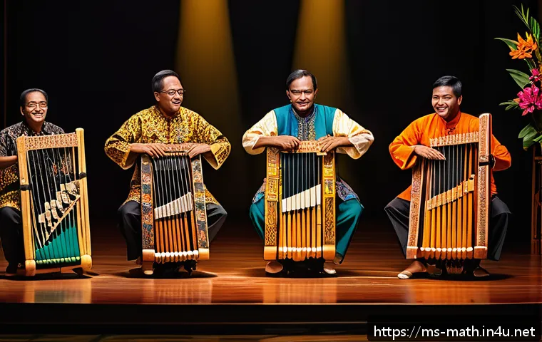 수학과 음악의 관계 - A traditional Malay music performance scene in a vibrant cultural setting featuring musicians playin...