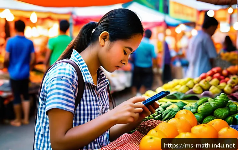 수학의 역사적 발전 - A detailed and vibrant Malaysian urban scene featuring a young adult woman calculating her monthly b...